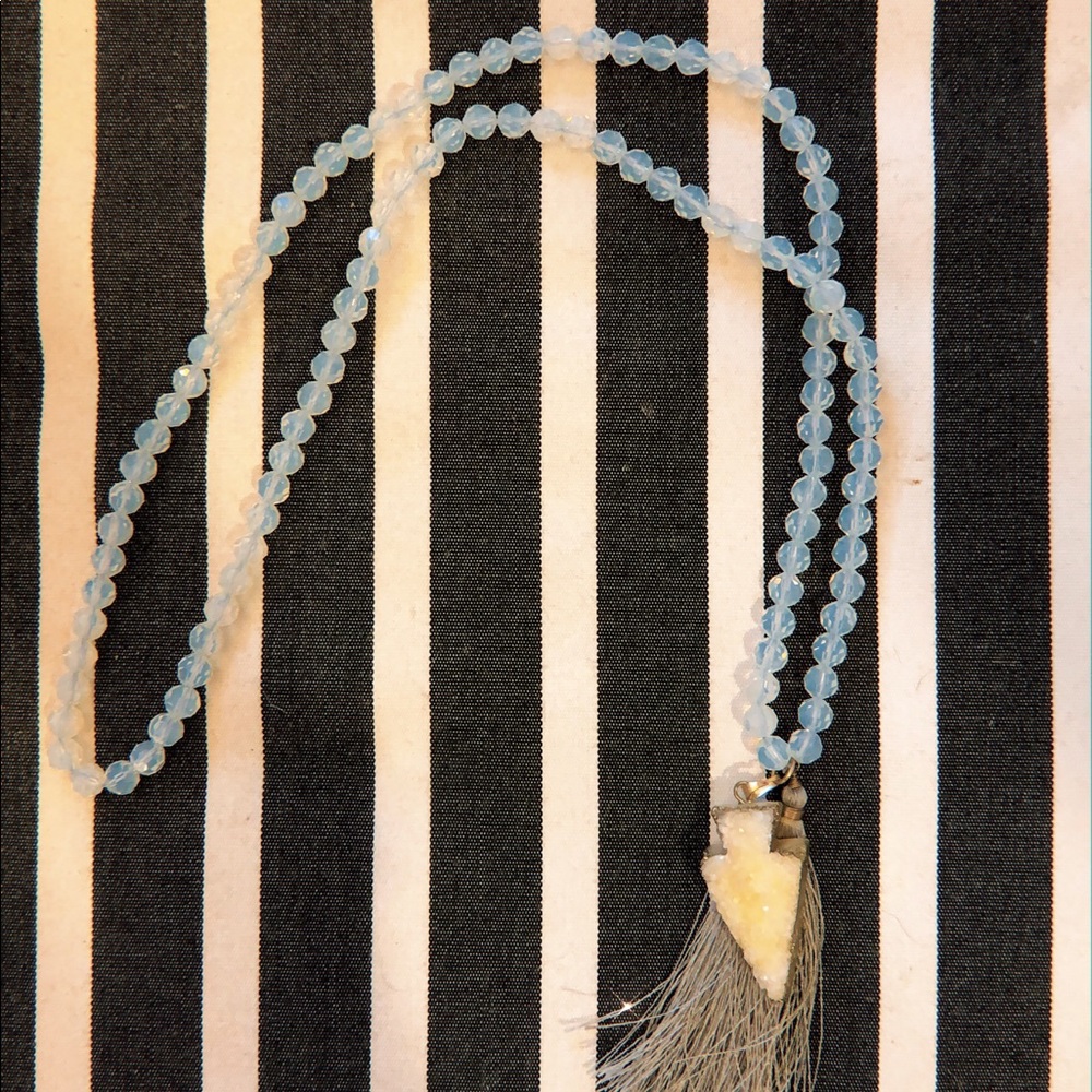 Blue Iridescent Beaded Tassle Necklace